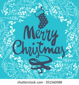 Vector illustration with a holidays wreath on a beautiful turquoise floral background. Merry Christmas. 