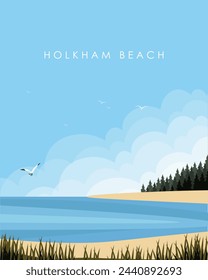 Vector illustration. Holkham beach. Poster, vertical banner, postcard, cover. Beach, vacation, summer. Tourism, travel.