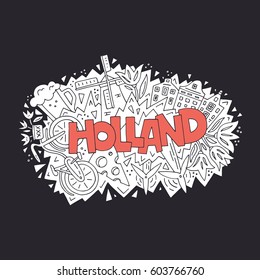 Vector illustration of Holland. All main symbols of the country. Tourist banner.
