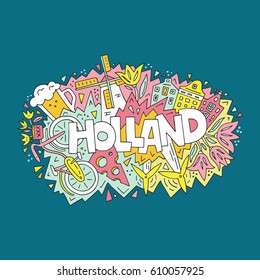 Vector illustration of Holland. All main symbols of the country. Tourist banner.