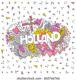 The vector illustration Holland word and the bright colorful symbols of a country. 