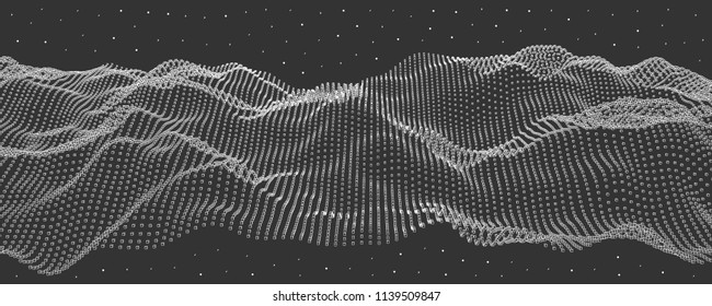 Vector illustration of a hollow particle cubes. Abstract waves of the current.