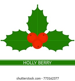 Vector illustration of holly berry, isolated on white background. Christmas decoration in flat style.