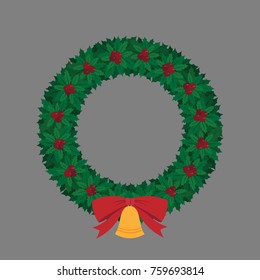 Vector illustration of holly crown with bow and bell - flat design