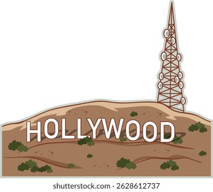 Vector illustration of Hollywood hills with a communication tower. Earthy tones and clean lines create a modern, minimalist look