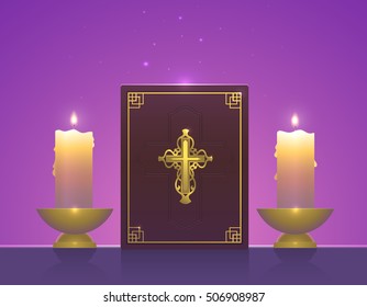 Vector Illustration of Holy Bible with burning candle. Religion old vector holy bible. Magic poster vector illustration. Golden Cross