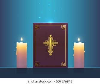 Vector Illustration of Holy Bible with burning candle. Religion old vector holy bible. Magic poster vector illustration. Golden Cross.