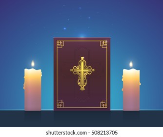 Vector Illustration of Holy Bible with burning candle. Religion old vector holy bible. Magic poster vector illustration. Golden Cross