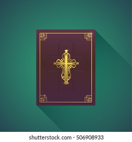 Vector Illustration of Holy Bible with long shadow. Religion old vector holy bible. Vector illustration. Golden Cross.
