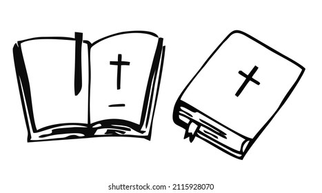 Vector Illustration Of Holy Bible. Bible Sketch Set On A White Background. Christian Religion Icons Set, Catholic Symbol Illustration, Contain Icons Bible. 