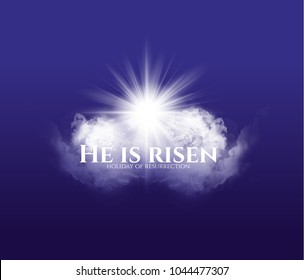 vector illustration for the Holy Easter. resurrection of Christ. clouds with the sun and with the silhouette of Christ. text He is risen