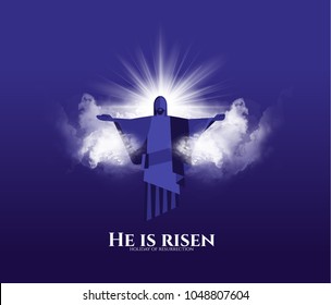 vector illustration for the Holy Easter. resurrection of Christ. clouds with the sun and with the silhouette of Christ. text He is risen vector
