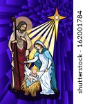  Vector illustration of the holy family of the nativity or birth of Jesus created as stained glass. 