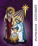 Vector illustration of the holy family of the nativity or birth of Jesus created as stained glass.