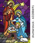 Vector illustration of the holy family of the nativity or birth of Jesus created as stained glass.
