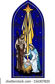 Vector Illustration Of The Holy Family Of The Nativity Or Birth Of Jesus Created As Stained Glass.