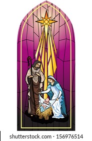 Vector Illustration Of The Holy Family Of The Nativity Or Birth Of Jesus Created As Stained Glass. 