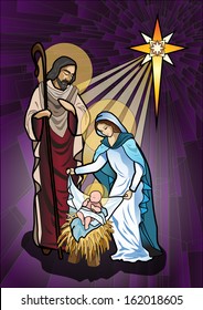 Vector Illustration Of The Holy Family Of The Nativity Or Birth Of Jesus Created As Stained Glass.