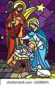 Vector illustration of the holy family of the nativity or birth of Jesus created as stained glass.