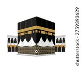 Vector illustration of the Holy Kaaba in Mecca, Saudi Arabia. Islamic religious landmark and pilgrimage site for Hajj and Umrah. Mosque architecture isolated on white background.