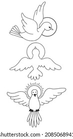 Vector Illustration Of Holy Spirit. Collection Of Outline, Line Doodle - Dove With Halo In Flight. Religious Icon Of Holy Spirit. Elements For Design Of Religious Projects 