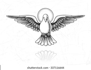 Vector illustration of Holy Spirit. Dove in flight. Vintage style of the image. Design elements for your projects. Vintage engraving. Linear drawing.