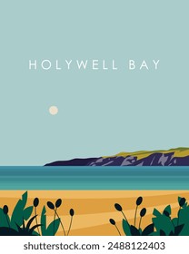 Vector illustration. Holywell Bay Cornwall England. Wall poster, postcard, banner, cover. Sea, seascape. Trips.