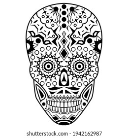 Vector illustration of homan skull with black pattern. National symbol of day of the dead.