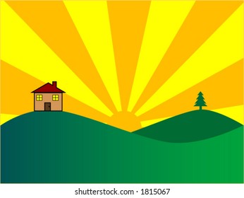 Vector illustration of a home against a rising or setting sun.