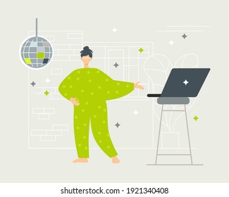 Vector illustration of home alone activity. Home alone party. Dancing online lessons. Party for one. Have fun alone. Social distancing. Pandemic life. Distance activities. Laptop. Disco ball. 