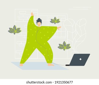 Vector illustration of home alone activity. Yoga online. Training online. Sport online. Spending time alone. Social distancing. Pandemic life. Distance activities. Laptop. Lotus flower. Pajama.