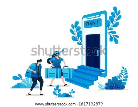 Vector illustration of home and apartment rental mobile apps. Cheap trips and backpacking vacation traveling. Can be used for landing page, website, web, mobile apps, flyer banner, template, poster