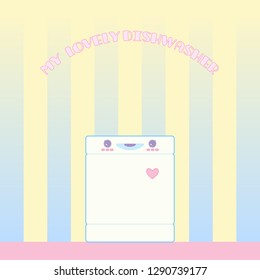 Vector illustration of home appliances in a cartoon style Kawai, with inscription and backdrop for text, for printing on fabric or poster, banner, business card, flyer, sticker, card, for digital use