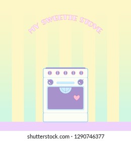 Vector illustration of home appliances in a cartoon style Kawai, with inscription and backdrop for text, for printing on fabric or poster, banner, business card, flyer, sticker, card, for digital use