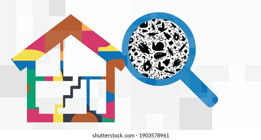 vector illustration of home and bugs visible in magnifier for pests detection and elimination