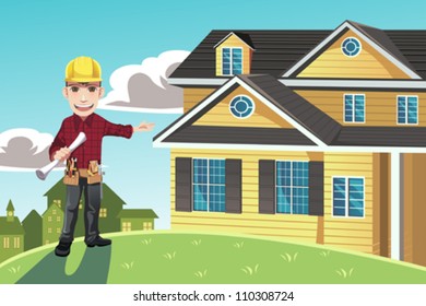 A vector illustration of a home builder posing in front of a house