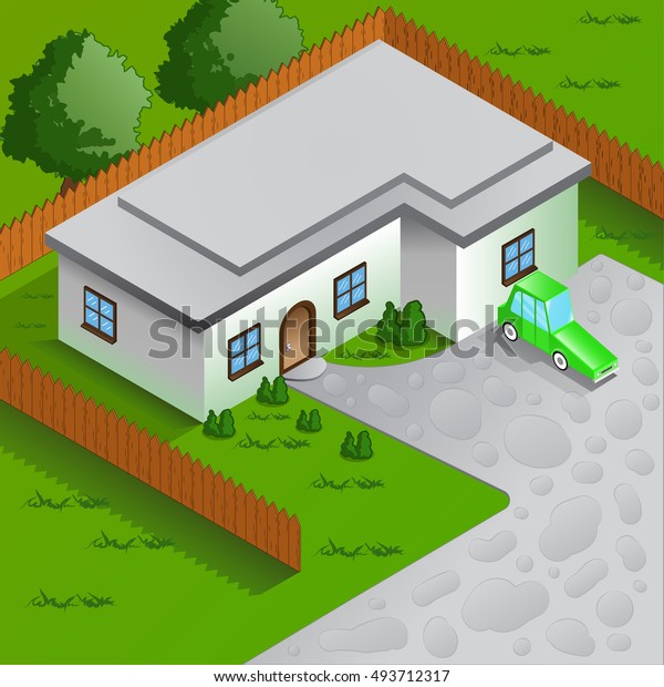 A\
vector illustration of a  home with car. Isometric home icon\
illustration. Home with transportation and\
garden