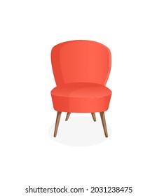 Vector illustration of a home chair for the interior. Cozy red armchair on an isolated white background. Modern furniture for living room, bedroom, lobby. Icon, element.