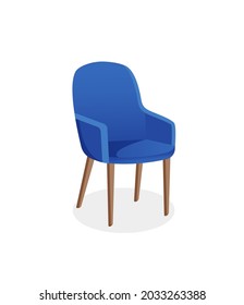 Vector illustration of a home chair for the interior. Cozy blue armchair on an isolated white background. Modern furniture for living room, bedroom, lobby. Icon, element.