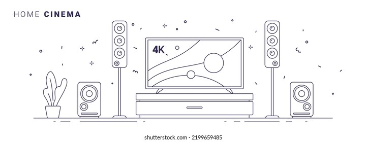 Ilustración vectorial del cine en casa sobre fondo blanco. Diseño de colección de aparatos de arte de línea negra para televisión para web, sitio, banner, impresión, afiche