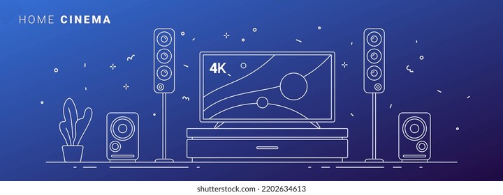 Vector illustration of home cinema on blue background. White line art style appliance collection design of tv set for web, site, banner, print, poster