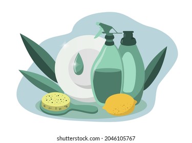 vector illustration. home cleaning products. dishwashing liquid. environmentally friendly cleaning products. household chemicals, soap, brushes. trend illustration in flat style