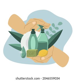 vector illustration. home cleaning products. hands hold dishwashing liquid. environmentally friendly cleaning products. household chemicals, soap, brushes. trend illustration in flat style