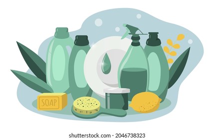 Vector Illustration. Home Cleaning Products. Environmentally Friendly Cleaning Products. Household Chemicals, Soap, Brushes. Trend Illustration In Flat Style