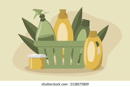 Vector Illustration. Home Cleaning Products In Basket. Environmentally Friendly Cleaning Products. Household Chemicals, Soap, Brushes. Trend Illustration In Flat Style
