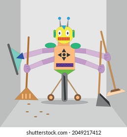 vector illustration home cleaning robot There are four hand-held equipment, vacuum cleaner, broom, mop, dustpan. in the room at home