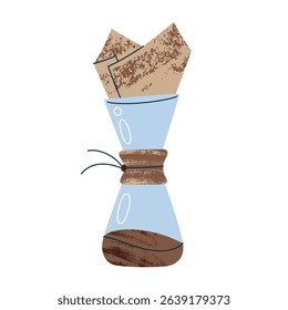 Vector illustration of home coffee brewing with pour over glass coffee maker and paper filter. Cozy ritual icon, slow process, flat cartoon handmade drink, filter coffee preparation at home