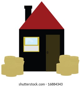 Vector illustration of a home with coins piled up on both sides, to illustrate an investment. For jpeg version, please see my portfolio.