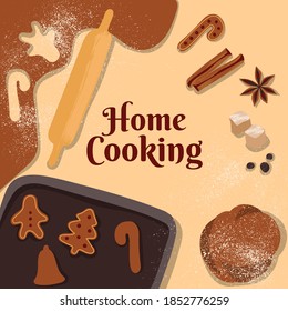 Vector Illustration of home cooking christmas gingerbread cookies process. Top view composition with textures.