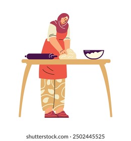 Vector illustration of home cooking. Woman kneading dough at a table. She wears an apron over patterned pants and a headscarf. A rolling pin and bowl are on the table.